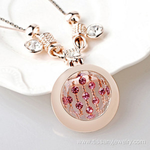 Rose Gold Crystal Opal Round Charm Pendant Necklace